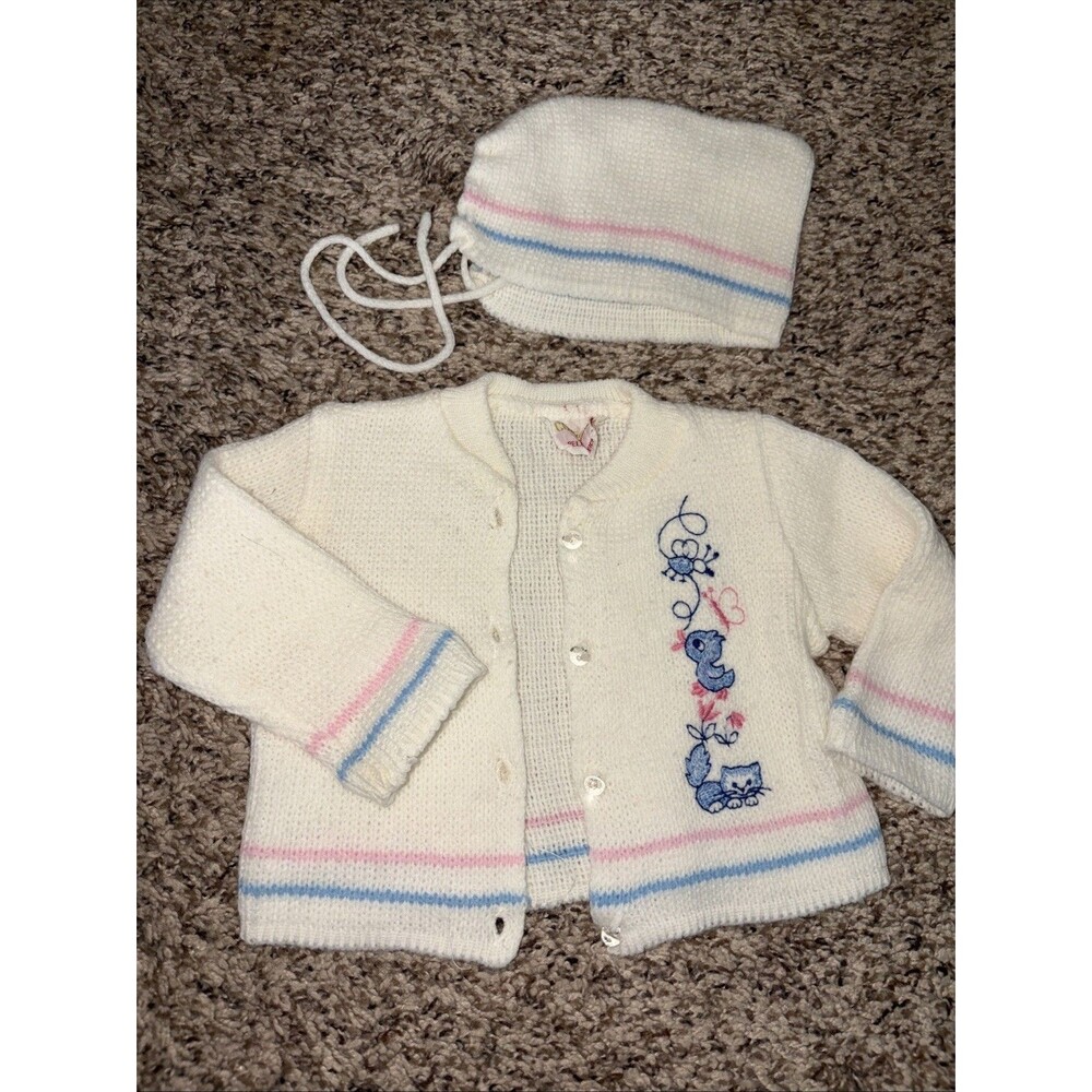 Vintage Hand Knit Crochet Infant Sweater Bonnet 3-12m Embroidery Duck Cat White